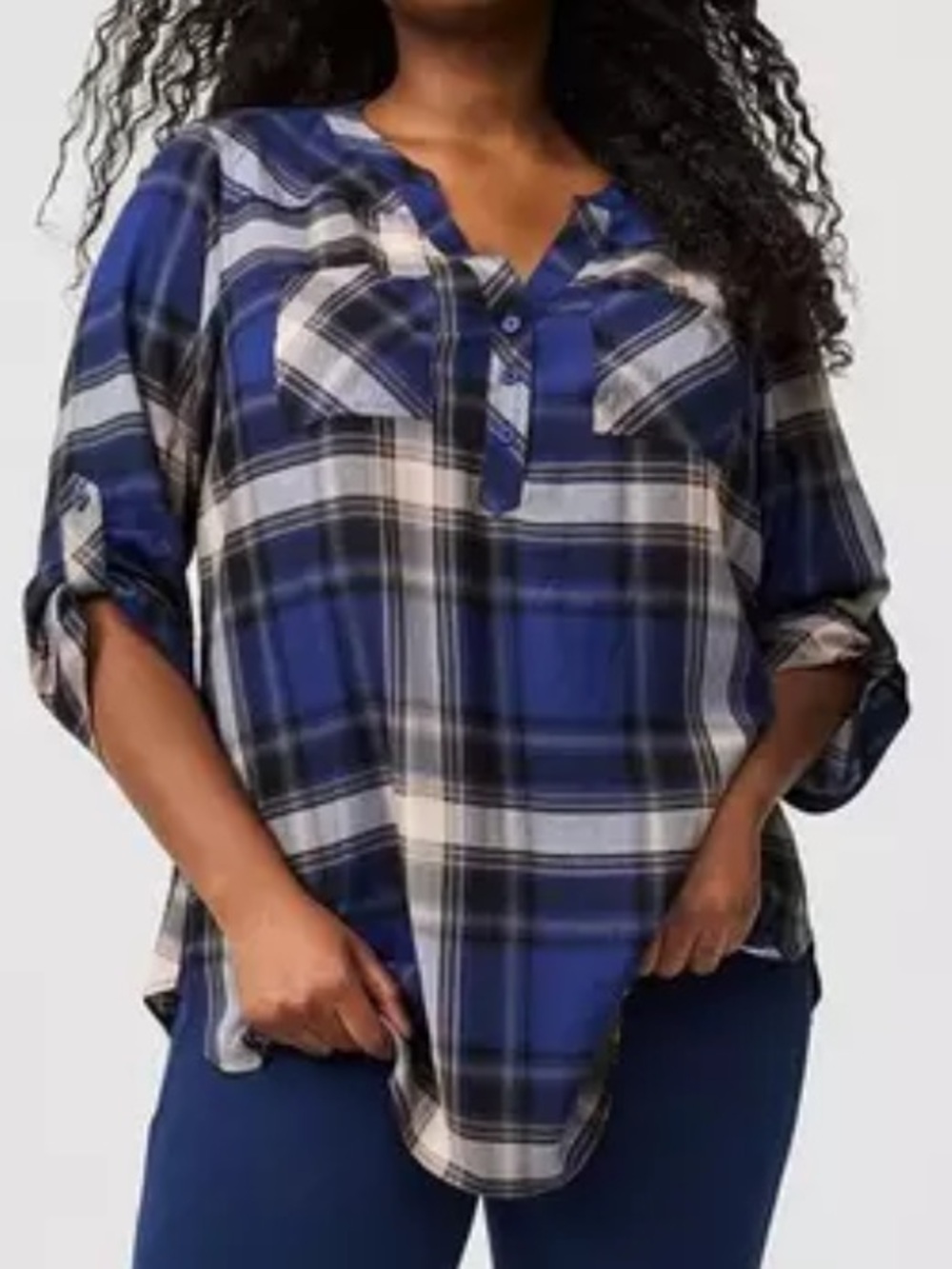 Torrid Harper Blue Plaid Challis Pullover Tunic Top Size 1X 3/4 Roll Tab Sleeves